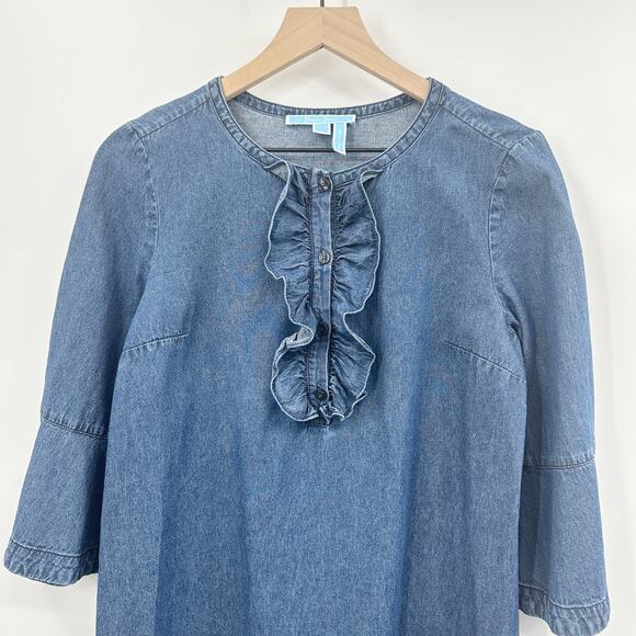 Draper James Chambray Ruffle Shift Dress in Medium Wash Size 8 - Picture 4 of 11